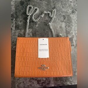 Coach Croc Embossed Orange Leather Crossbody Clutch Chain Strap NWT